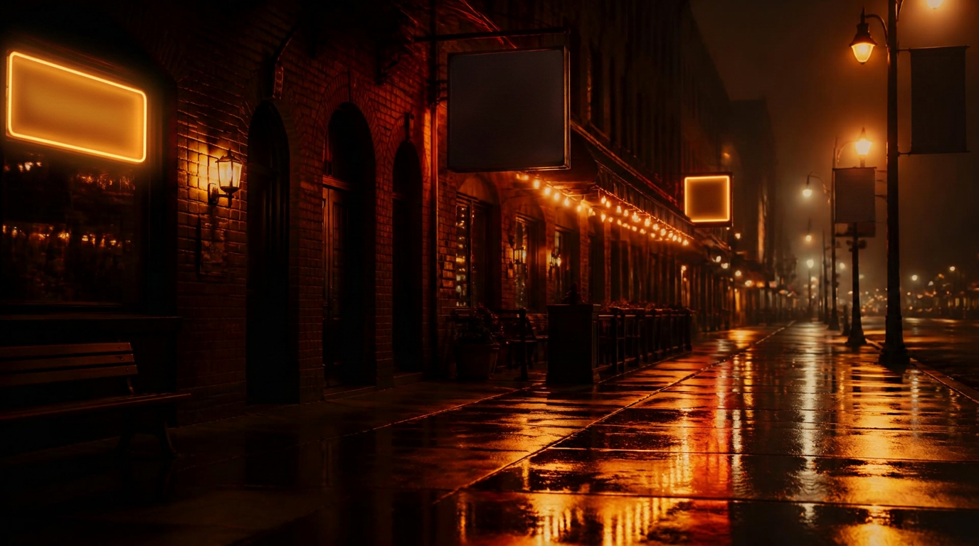 Empty city street at night lit by warm neon bear bar signage